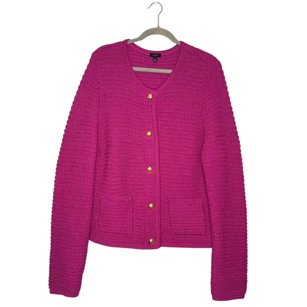 Talbots Kate Textured Ribbed Cardigan w/ Gold Buttons in Berry Pink Purple L